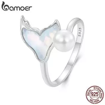 Кольцо BAMOER с жемчугом «рыбий хвост», белое золото, стерлинговое серебро 925 пробы, милые регулируемые кольца для женщин и девочек BSR544-E