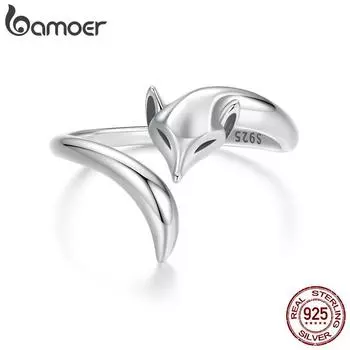 Кольцо BAMOER Solid 925 Sterling Silver Fox для женщин, регулируемое открытое кольцо в виде хвоста лисы, ювелирные изделия, подарки для любителей лис 1.8mm серебряный