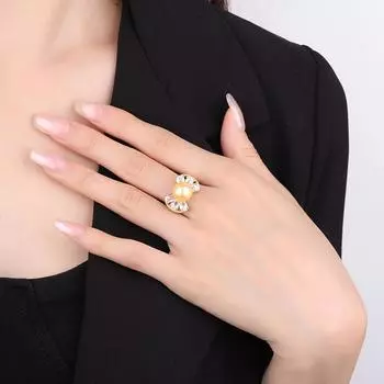 Кольцо-бантик 10 мм с жемчугом, слегка инкрустированное цирконием, белое ракушечное кольцо с имитацией натурального жемчуга рябчика, регулирующее кольцо