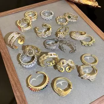 Кольцо-бантик из гальванизированного золота с цирконием - корейский дизайн, модные легкие роскошные ювелирные изделия 16# Ring-Silver Grid серебряный