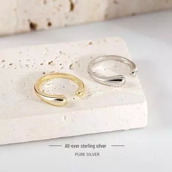 Кольцо Banyan Tree Korean S925 Silver Water Drop Polished Ring - простое, элегантное и универсальное для женщин RS620, adjustable opening белого золота