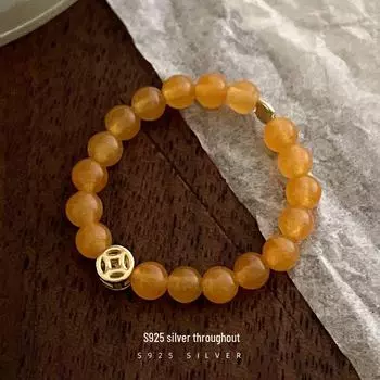 Кольцо Banyan Tree S925 из серебра с позолотой и бусинами из зодиакального топаза - эластичное женское кольцо в китайском стиле, притягивающее удачу RS3022; One Size золотой