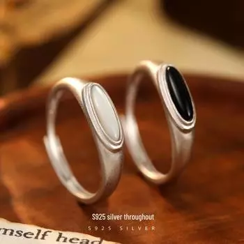 Кольцо Banyan Tree S925 Silver Black Agate & White Pearl Frosted Ring - стильный женский аксессуар для пальцев в европейском, американском, японском и корейском стиле RS3030, Adjustable opening чёрный