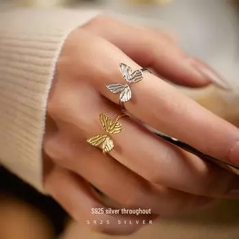 Кольцо Banyan Tree S925 Silver Buttfly - Лесная серия: Женственная, сказочная, милая мода с открытым дизайном. Идеально подходит для указательного пальца. RS1076; adjustable opening золотой