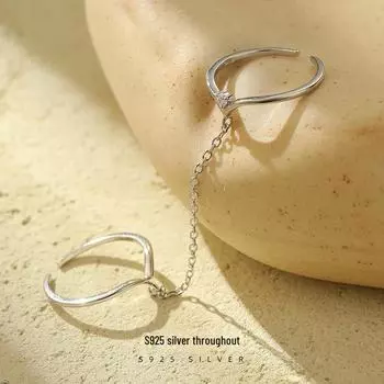 Кольцо Banyan Tree S925 Silver Double Chain Open Ring - модное регулируемое украшение на указательный палец для женщин Adjustable opening белого золота