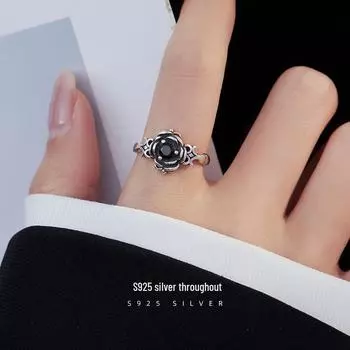 Кольцо Banyan Tree S925 Silver Punk Rose Flower для женщин - темный, крутой, простой стиль, аксессуар для указательного пальца Thai Silver; Adjustable opening