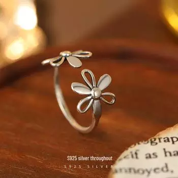 Кольцо Banyan Tree S925 Silver Retro Flower Open Ring - Простой и элегантный дизайн для женщин Thai Silver серебряный
