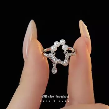 Кольцо Banyan Tree S925 Silver Teardrop Pearl Ring - Женское нерегулярное ретро-дизайн Adjustable opening белого золота