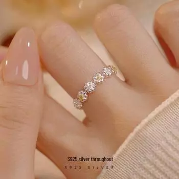 Кольцо Banyan Tree S925 Silver Zircon Flower Open Ring - Sweet Temperament Pastoral Design RS3019; Adjustable opening серебряный/жёлтый