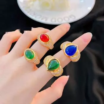 Кольцо BELLA BOX Luxury Palace Style с разноцветным цирконием в форме голубиного яйца, подходит для повседневной женской вечеринки, модных ювелирных изделий Adjustable Opening зелёный