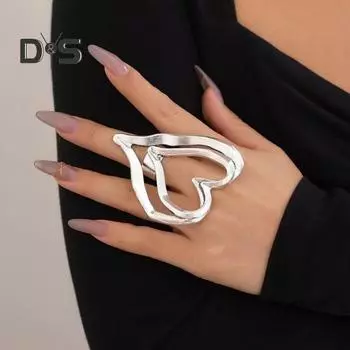 Кольцо Big Love, двухслойное, преувеличенный стиль, полое, в форме сердца, однотонное, жидкое, сплав, гладкое, для клубной вечеринки, указательный палец, женское ювелирное изделие серебряный