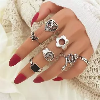 Кольцо Богемные ювелирные изделия Подарочный комплект колец Элегантное женское кольцо для свадебной вечеринки серебряный