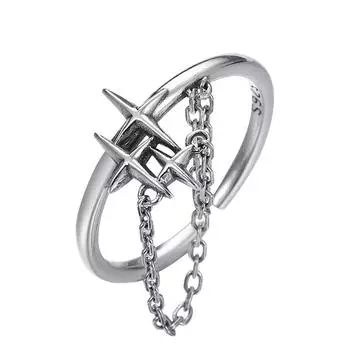 Кольцо-цепочка с двойной звездой и крестом для женщин, простое ретро-кольцо из тайского серебра с открытым указательным пальцем, крутой индивидуальный дизайн Opening Adjustable