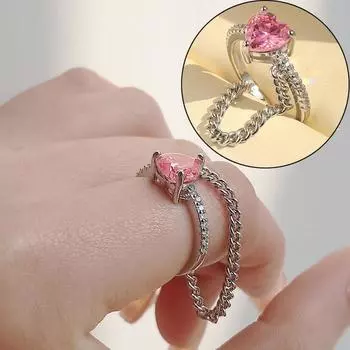 Кольцо-цепочка с милым персиковым сердечком для девочек, крутой розовый циркон для девочек, регулируемое кольцо, ювелирные изделия