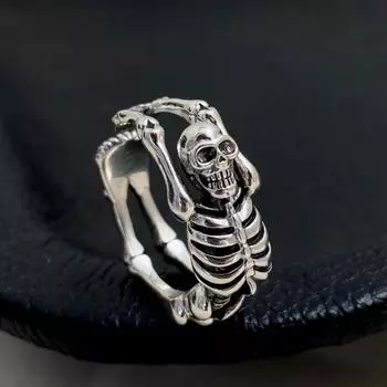 Кольцо Chiba European And American Retro Thai Silver Skull Skeleton Open Ring Punk Dark Cold Men and Women s Universal Silver Ring adjustable