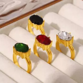 Кольцо Court Oval Glass Stone с роскошным темпераментом из титановой стали с покрытием из настоящего золота 18 карат, ювелирные изделия для женщин No. 6