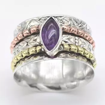 Кольцо для большого пальца из стерлингового серебра 925 пробы-Серебряное кольцо в подарок на Рождество Кольцо Двухцветное серебряное кольцо-спиннер Кольца с аметистом 6 фиолетовый