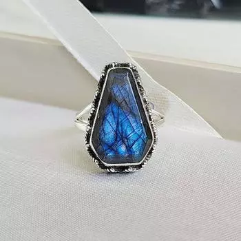 Кольцо для гроба из натурального лабрадорита, кольцо ручной работы, серебряное кольцо, кольцо из стерлингового серебра 925 пробы, голубой огненный лабрадорит, кольцо для гроба, женское кольцо, подарки Us 6 синий