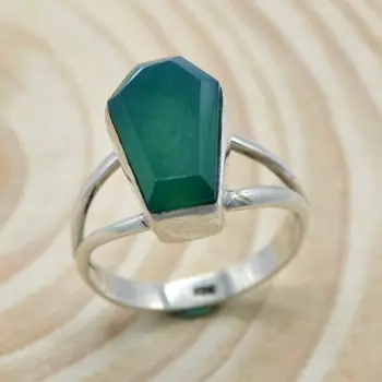 Кольцо для гроба с зеленым ониксом и драгоценным камнем для женщин, подарок, ювелирные изделия ручной работы, кольцо из стерлингового серебра 925 пробы и камня по рождению 4 зелёный
