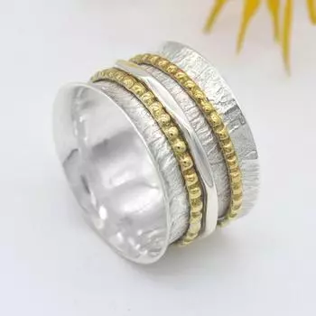 Кольцо для медитации с двумя тонами, твердое кольцо из стерлингового серебра 925 пробы, эффектное кольцо 6 серебряный