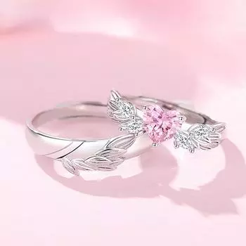 Кольцо для пары из стерлингового серебра, нишевый дизайн, кольцо с розовым цирконом и крыльями ангела для мужчин и женщин белый
