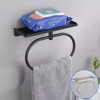 Кольцо для полотенца для ванной комнаты с полкой из нержавеющей стали, черное матовое покрытие, самоклеящаяся настенная вешалка для хранения полотенец для туалета