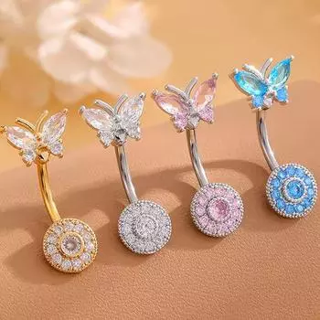 Кольцо для пупка с бабочкой из циркония, кольца для пирсинга живота для женщин, изогнутое кольцо-штанга из нержавеющей стали, украшения для тела серебряный