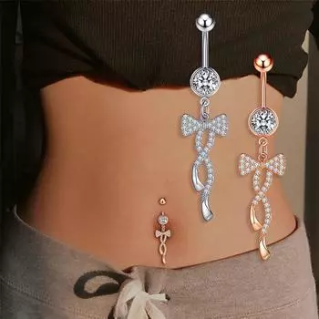 Кольцо для пупка с бантом, 1,6*10 мм, изогнутая штанга, свисающее кольцо для пупка, 14 г, нержавеющая сталь, циркон, кристалл, пирсинг