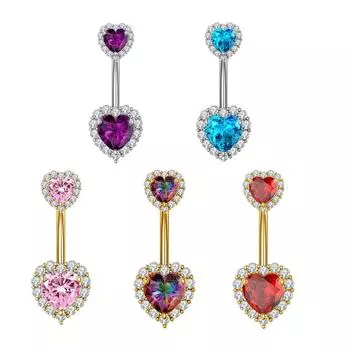 Кольцо для пупка с двойным сердцем, красный, синий, с кристаллами циркона, сексуальные кольца для пупка, 14 г, изогнутые ювелирные изделия для пирсинга живота из нержавеющей стали