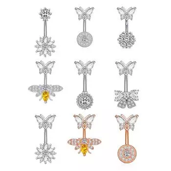 Кольцо для пупка в виде бабочки и пчелы из нержавеющей стали с цирконием и цветком для женщин, сексуальное украшение для пирсинга тела
