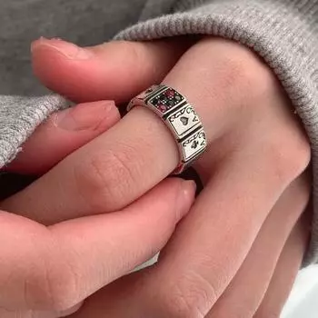 Кольцо для вечеринки, винтажное кольцо с кубическим цирконием, преувеличенное регулируемое отверстие, нарядное неувядающее игральные карты, открытое