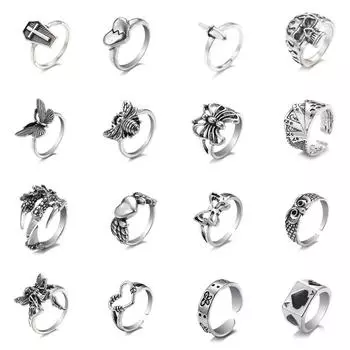 Кольцо для женщин и девочек Любовь Бабочка Череп Модные мужские украшения Винтаж Древнее серебро Цвет Панк Хип-Хоп Регулируемый Бохо