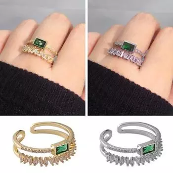 Кольцо Двухслойное открывающееся регулируемое кольцо из полированного циркона Зеленое обручальное кольцо с искусственным кристаллом золотистый