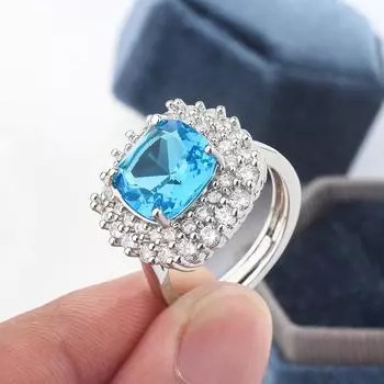 Кольцо Exaggerate Elegant Cushion Blue Cubic AAAA Zirconia для женщин, серебряного цвета, на годовщину свадьбы, женские кольца, модные ювелирные изделия resizable