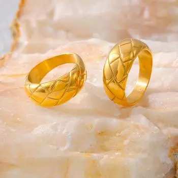 Кольцо Fengling Plaid Glossy Ring Niche Retro Design из титановой стали с покрытием из 18-каратного золота для пары No. 6