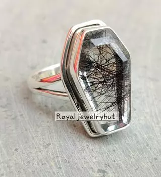 Кольцо гроба с черным рутилом, кольцо с драгоценным камнем, серебро 925 пробы, украшения ручной работы, кольцо в стиле бохо, женское кольцо, подарок для нее 6