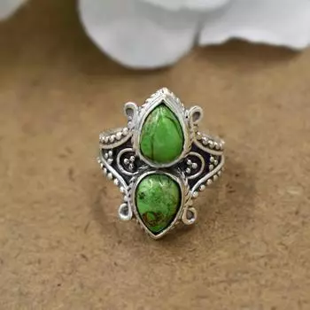 Кольцо-груша из зеленой меди с бирюзой, кольцо из цельного серебра 925 пробы, дизайнерское кольцо ручной работы, богемное кольцо, кольцо ко Дню святого Валентина, специальный подарок 6