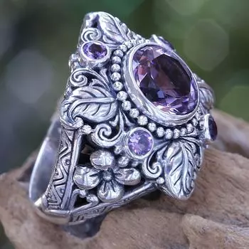 Кольцо Hecheng Luxury Amethyst: Европейский и американский ретро тайский дизайн листьев серебряного дерева и цветов No.9