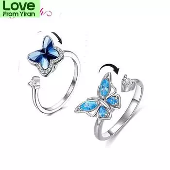 Кольцо Hfarich Blue Crystal Butterfly, вращающееся свободно, антистрессовое, тревожное, для женщин и девушек, свадебные украшения, подарки на помолвку Resizable