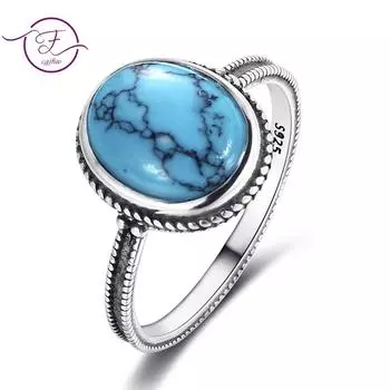 Кольцо из 100% стерлингового серебра 925 пробы, овальное, 8*10 мм, натуральное бирюзовое, винтажное, женское, подарок на годовщину, оптовая продажа 6