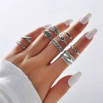 Кольцо из 10 предметов в стиле ретро с преувеличенными драгоценными камнями и треугольными перьями, новое совместное кольцо в Европе и Америке one size серебряный