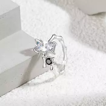 Кольцо из бамбука с маленьким кубиком сахара из стерлингового серебра S925, нишевое кольцо с открытым кольцом противоположного пола, женское кольцо Opening is adjustable