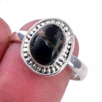 Кольцо из чистого серебра 925 пробы с натуральным черным медным бирюзовым камнем S.8 Q6P36