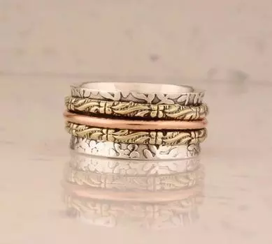 Кольцо из чистого серебра 925 пробы, Двухцветное кольцо, Кольцо-спиннер, Ювелирные изделия ручной работы, Дизайнерское кольцо, Кольцо унисекс, Серебряное кольцо 6