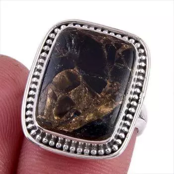 Кольцо из чистого серебра 925 пробы с натуральным черным медным бирюзовым камнем S.6 D4L76