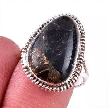 Кольцо из чистого серебра 925 пробы с натуральным черным медным бирюзовым камнем S.8 W4M49