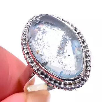 Кольцо из чистого серебра 925 пробы с натуральным аквамарином ручной работы, размер 7 P9o66