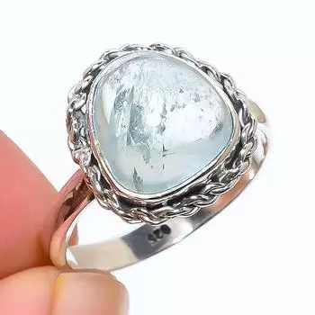 Кольцо из чистого серебра 925 пробы с натуральным аквамарином ручной работы, размер 9 F6S02