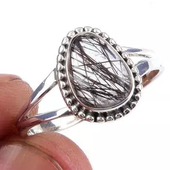 Кольцо из чистого серебра 925 пробы с натуральным черным рутилом ручной работы S.9 e2F00