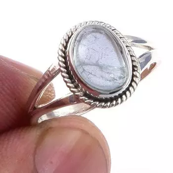 Кольцо из чистого серебра 925 пробы с натуральным аквамарином ручной работы, размер 6 d2k05